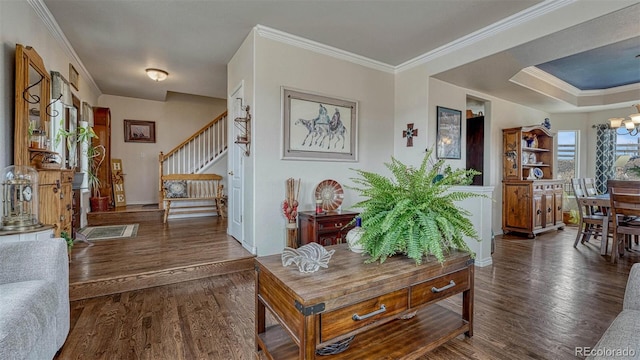 living room with crown molding, stairs, and wood finished floors