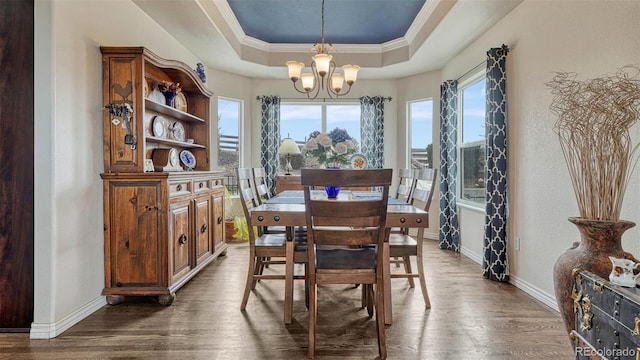 dining space with dark wood finished floors, a raised ceiling, a chandelier, and a wealth of natural light