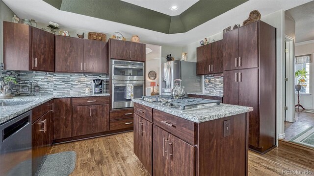 kitchen featuring light wood-style floors, stainless steel appliances, decorative backsplash, a kitchen island, and a tray ceiling