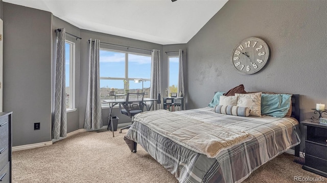 bedroom with baseboards, carpet flooring, and lofted ceiling