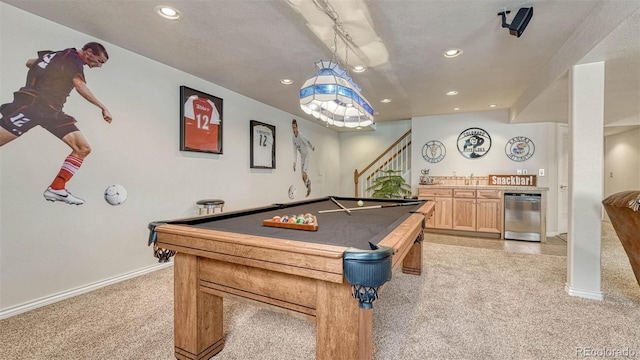 recreation room featuring bar area, recessed lighting, billiards, and light colored carpet