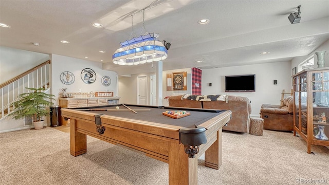 rec room with billiards, light carpet, and recessed lighting