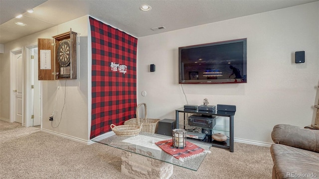 living area with baseboards, carpet, and recessed lighting