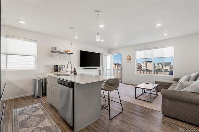 kitchen featuring dark wood-type flooring, open floor plan, dishwasher, and a sink