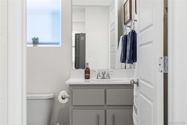 bathroom with toilet, a textured wall, and vanity