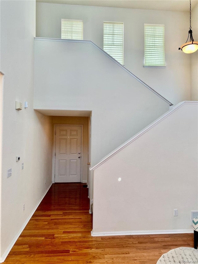 staircase featuring a towering ceiling and hardwood / wood-style floors