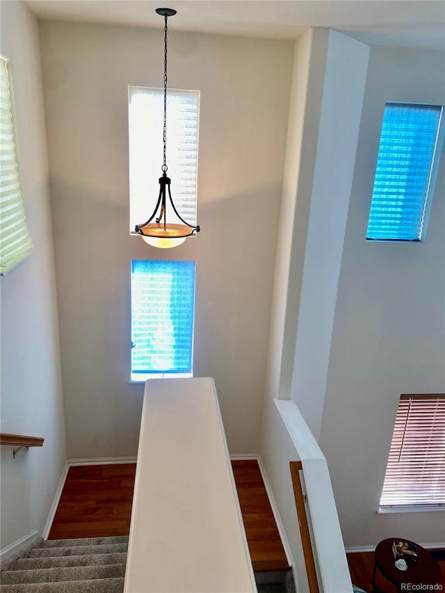 stairs featuring baseboards and wood finished floors