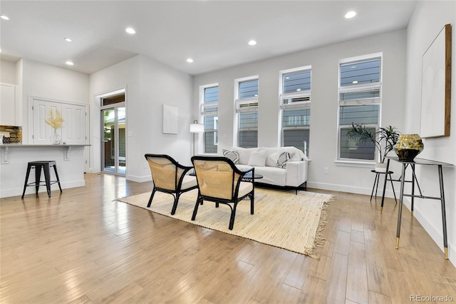 living room featuring light wood-type flooring and a wealth of natural light