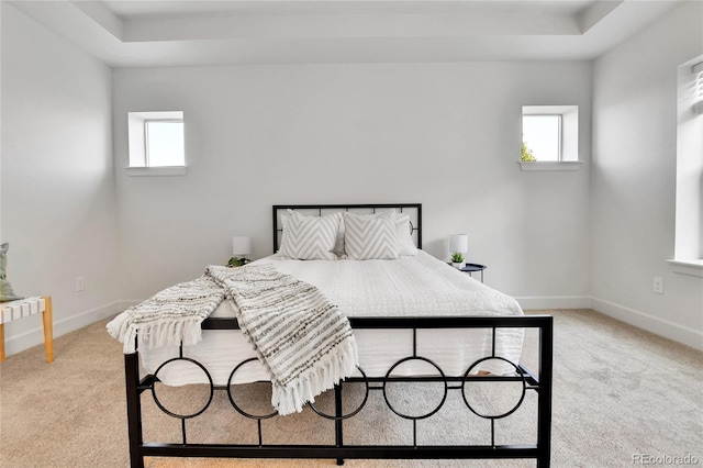 carpeted bedroom with a tray ceiling