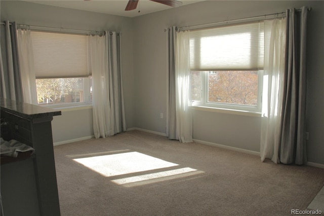 interior space with light carpet and ceiling fan