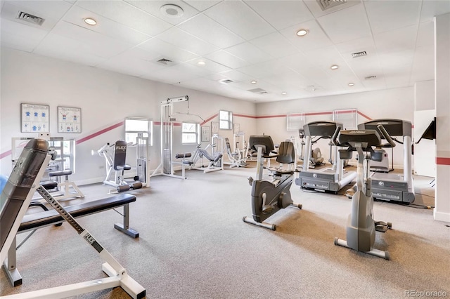 exercise room featuring a paneled ceiling and a healthy amount of sunlight