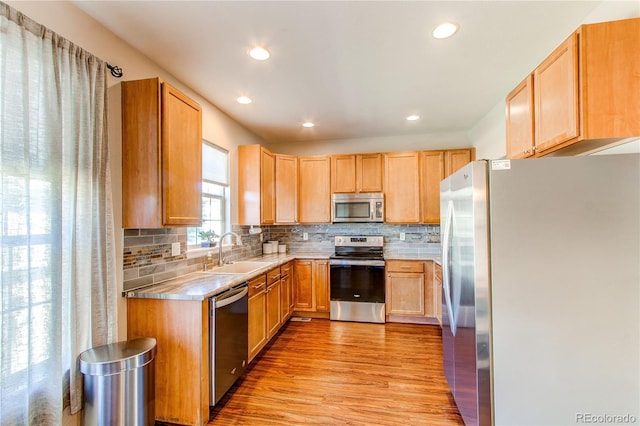 kitchen with light wood finished floors, backsplash, appliances with stainless steel finishes, and a sink