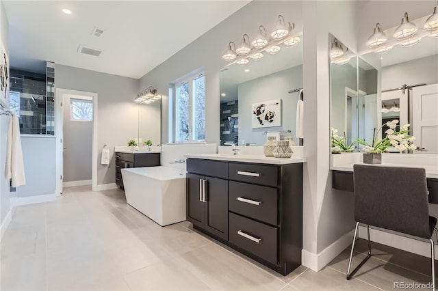 bathroom with visible vents, two vanities, a healthy amount of sunlight, and a stall shower