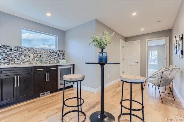 kitchen with a sink, light wood-style floors, backsplash, and dark cabinetry