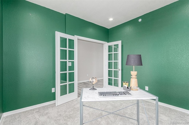 12941 Delaware St, Westminster, CO 80234 - carpeted office featuring french doors, baseboards, and a textured wall
