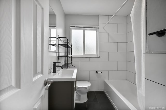 1801 S Eudora St, Denver, CO 80222 - bathroom featuring vanity, toilet, tile patterned floors, shower / bathtub combination with curtain, and tile walls