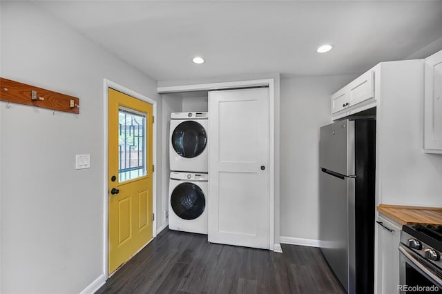 1801 S Eudora St, Denver, CO 80222 - laundry area with stacked washer and clothes dryer, dark wood-type flooring, baseboards, and recessed lighting