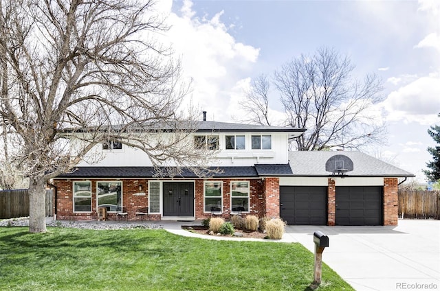 traditional home featuring driveway, a garage, brick siding, fence, and a front lawn