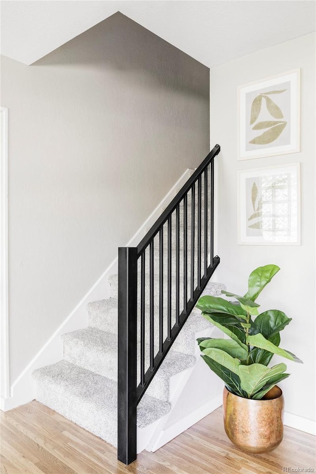 stairway with baseboards and wood finished floors
