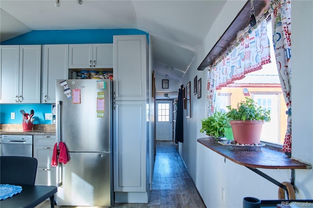 kitchen with dark hardwood / wood-style flooring, vaulted ceiling, a healthy amount of sunlight, and stainless steel fridge