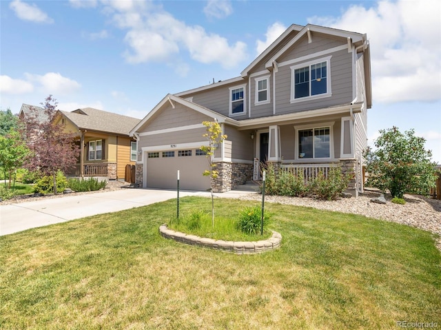 craftsman house featuring a garage, covered porch, and a front lawn