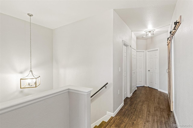 corridor featuring a barn door and dark wood-type flooring