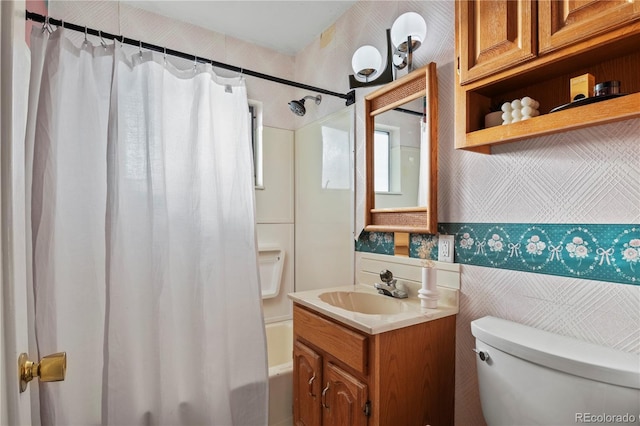 bathroom featuring tasteful backsplash, tile walls, toilet, shower / tub combo with curtain, and vanity