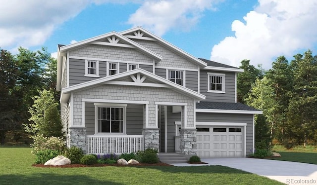 2633 Sawyer Ln, Erie, CO 80026 - craftsman-style house with an attached garage, a porch, driveway, a front lawn, and stone siding