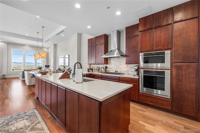 kitchen with tasteful backsplash, a sink, wall chimney range hood, light wood finished floors, and stainless steel appliances