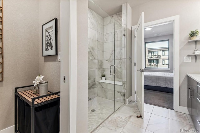 bathroom featuring vanity and walk in shower