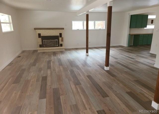 basement with wood-type flooring and a fireplace