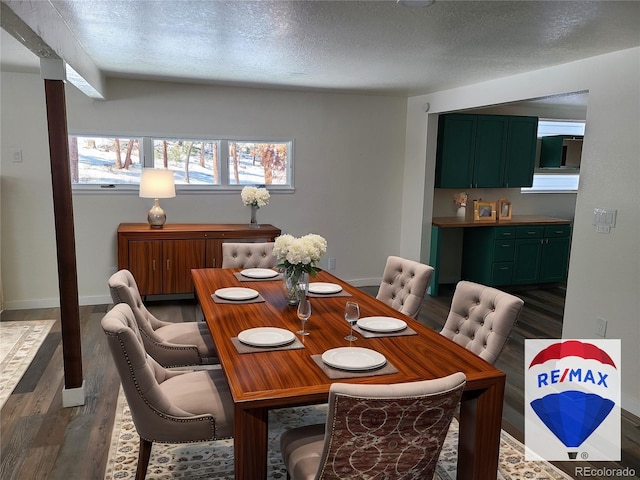 dining area featuring baseboards, dark wood-style floors, and a textured ceiling