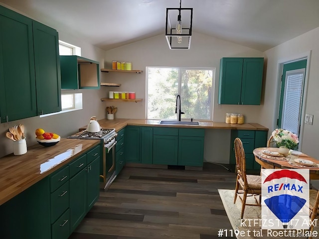 kitchen with a sink, high end stove, butcher block counters, and green cabinets