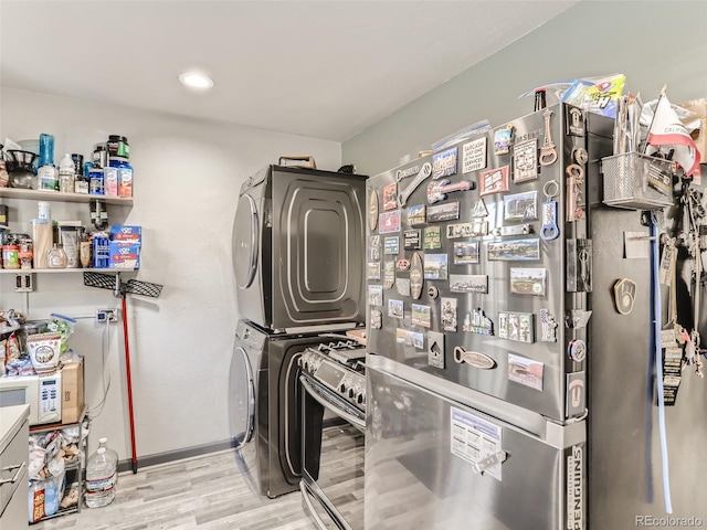 3081 W 18th Ave, Denver, CO 80204 - washroom with stacked washer and clothes dryer, wood finished floors, and recessed lighting