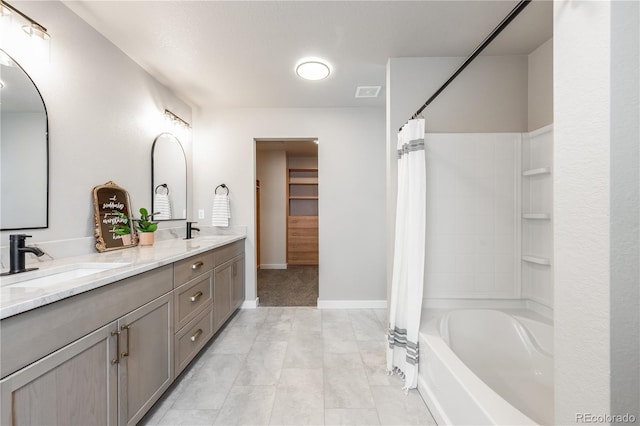 full bathroom featuring shower / bath combo, visible vents, a sink, and double vanity