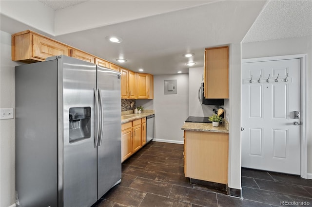 13404 E Jewell Ave Unit 101, Aurora, CO 80012 - kitchen with appliances with stainless steel finishes, light brown cabinetry, recessed lighting, and backsplash