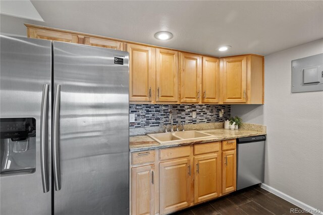 13404 E Jewell Ave Unit 101, Aurora, CO 80012 - kitchen with stainless steel appliances, backsplash, dark wood-style floors, light brown cabinetry, and electric panel