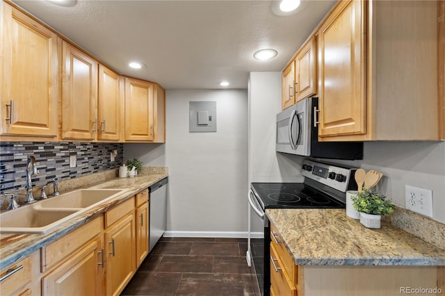 13404 E Jewell Ave Unit 101, Aurora, CO 80012 - kitchen featuring stainless steel appliances, electric panel, backsplash, light brown cabinetry, and recessed lighting