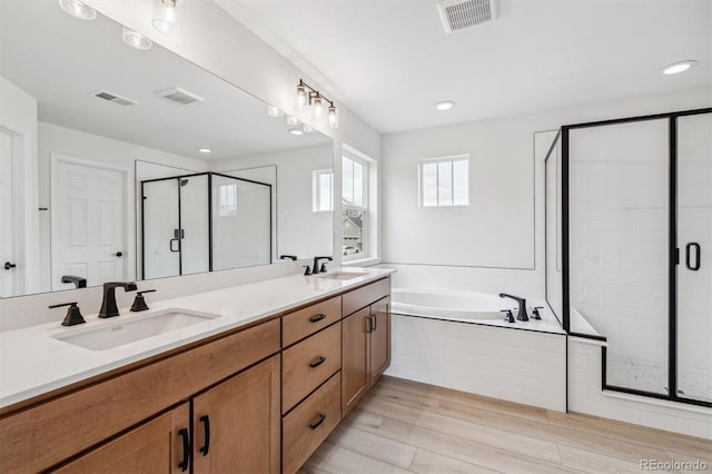 bathroom featuring vanity and independent shower and bath