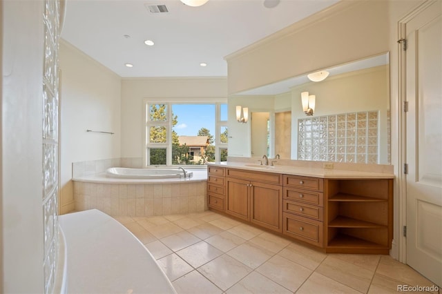 606 Cliffgate Ln, Castle Rock, CO 80108 - full bathroom with a garden tub, tile patterned floors, vanity, and recessed lighting