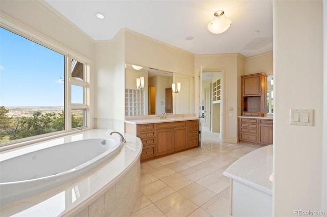 606 Cliffgate Ln, Castle Rock, CO 80108 - full bathroom featuring vanity, a garden tub, tile patterned flooring, and crown molding