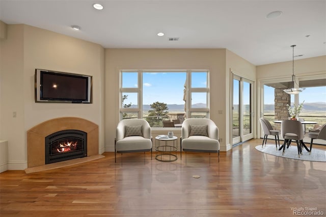 606 Cliffgate Ln, Castle Rock, CO 80108 - living area featuring wood finished floors, a lit fireplace, recessed lighting, and a mountain view