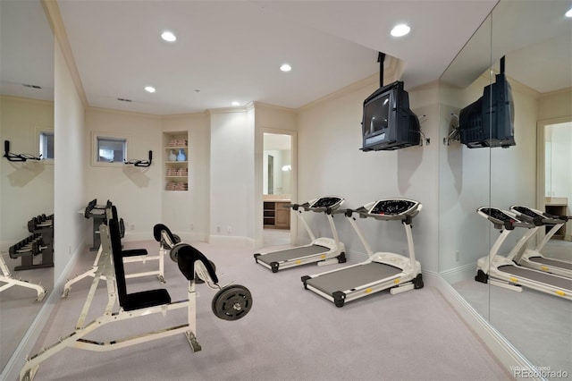 606 Cliffgate Ln, Castle Rock, CO 80108 - exercise room with crown molding, recessed lighting, and carpet