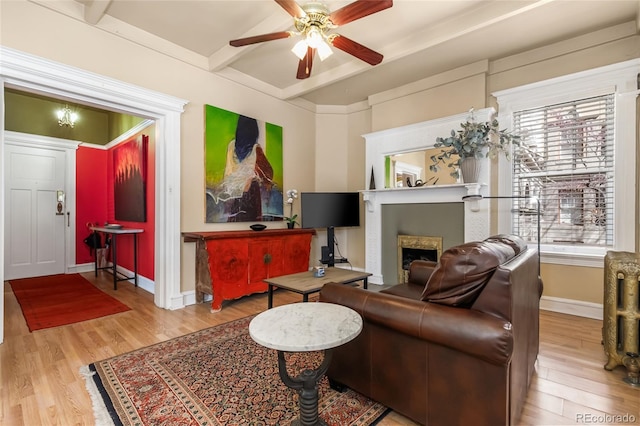 1301 N Ogden St Unit 1A, Denver, CO 80218 - living room with a ceiling fan, wood finished floors, a fireplace, beamed ceiling, and radiator