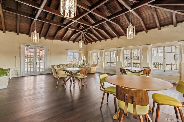 1301 N Ogden St Unit 1A, Denver, CO 80218 - dining space featuring a wood ceiling with exposed beams, high vaulted ceiling, wood finished floors, french doors, and ornate columns