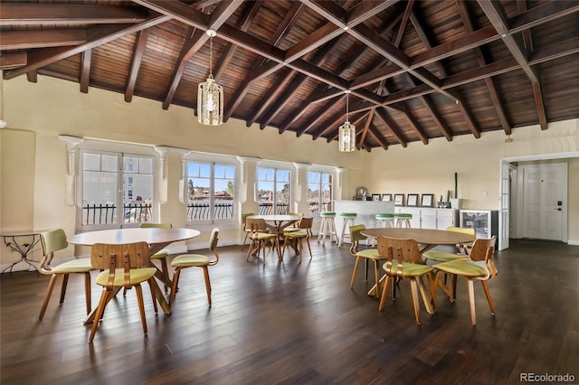 1301 N Ogden St Unit 1A, Denver, CO 80218 - dining area featuring a wood ceiling with exposed beams, beverage cooler, dark wood-style flooring, high vaulted ceiling, and decorative columns