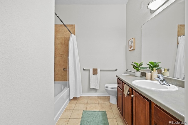 full bath with tile patterned flooring, shower / tub combo with curtain, vanity, and toilet