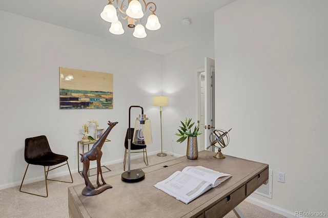 carpeted office space with a chandelier and baseboards