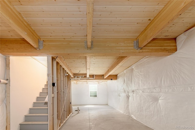 basement with wood ceiling