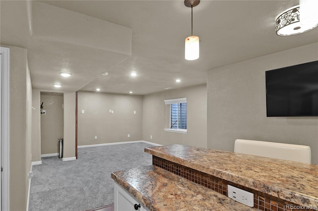 9455 Shinnecock Ct, Peyton, CO 80831 - bar area with carpet flooring, baseboards, recessed lighting, and hanging light fixtures